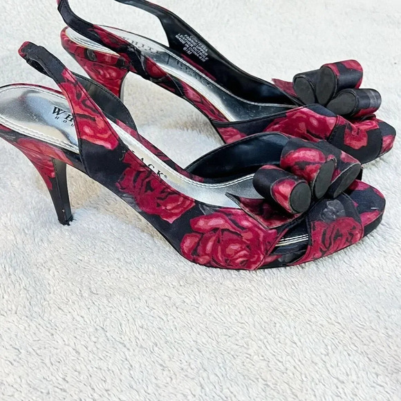 White House Black Market Womens Black Red Slingback Heels 6.5M Floral Peep Toe - Picture 3 of 14